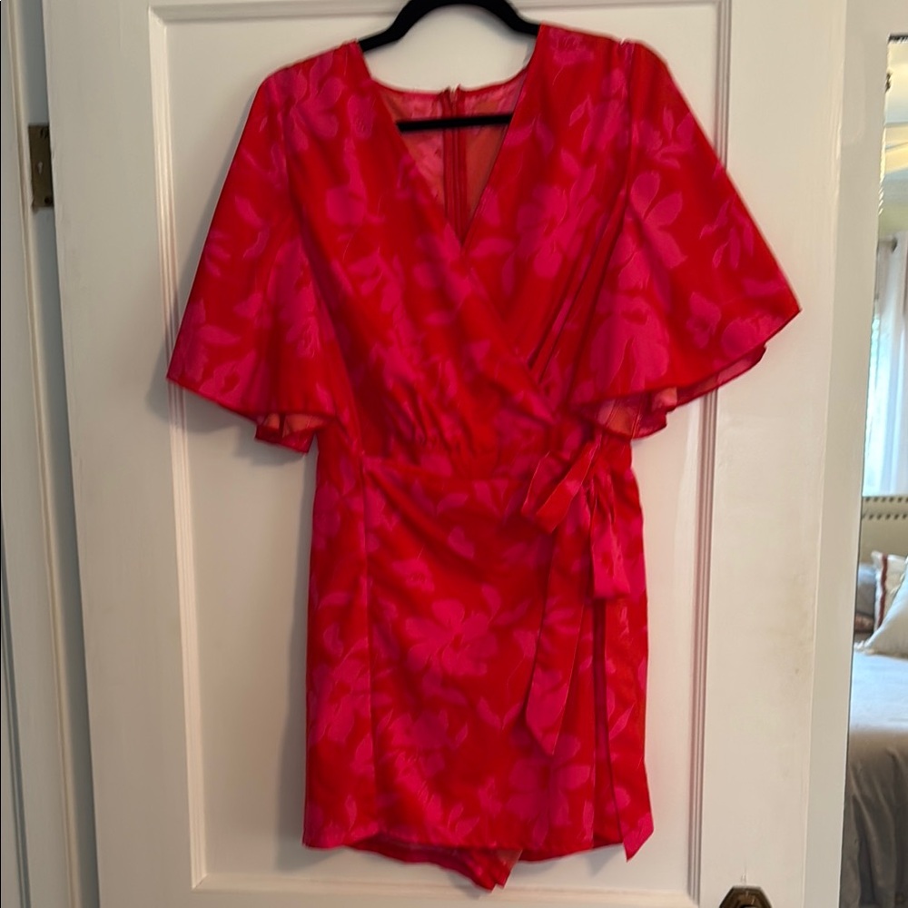 Vibrant Red and Pink Floral Wrap Dress Romper 12/14 tag says 1X NEW